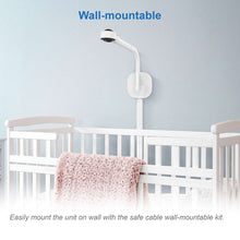 Wall-mountable baby monitor camera attached over a crib with white mounting stand