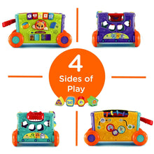 Activity wagon toy with multiple side panels and orange wheels, with small sorting cubes