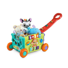 Activity wagon toy carrying plush animal accessories, with red handle and numbered blocks