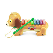 Dog-shaped xylophone with green wand and colorful musical tiles on yellow puppy body