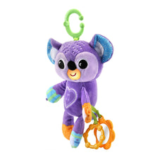 Purple koala clip-on stroller plush toy with green hook and orange ring toy