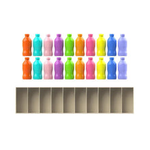Color matching bottle set and tray, multi-colored plastic pieces in rows