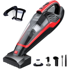 Cordless handheld vacuum, red and black body with wide floor nozzle and brush