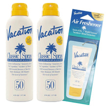 Sunscreen spray bundle with two SPF 50 bottles and a Vacation air freshener