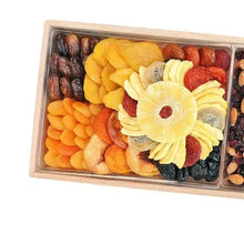 Dried fruit and nut gift tray with orange, red, and yellow dried fruit flower centerpiece