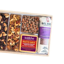 Dried fruit and nut gift tray with mixed dried fruits, nuts, and roasted garlic packet