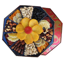 Octagonal dried fruit and nut gift box with yellow flower centerpiece