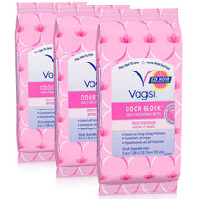 Vagisil Odor Block daily freshening wipes packs, pink floral patterned packaging