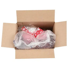 Plastic-wrapped gift items in open cardboard box