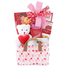 Heart-pattern tote with brown handles, pink bow, white teddy holding red heart