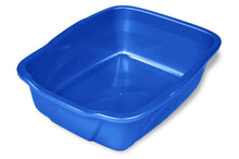 Blue small cat litter pan with sloped corners and open interior, angled view