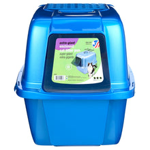 Blue covered cat litter box with enclosed entry and front label window