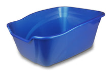 Blue high-sided cat litter box with wide interior and front scoop