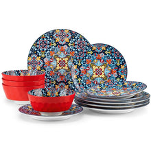 Ceramic dinnerware set with blue floral mosaic plates and red bowls