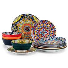 Colorful ceramic dinnerware set with patterned plates and bowls, blue and orange