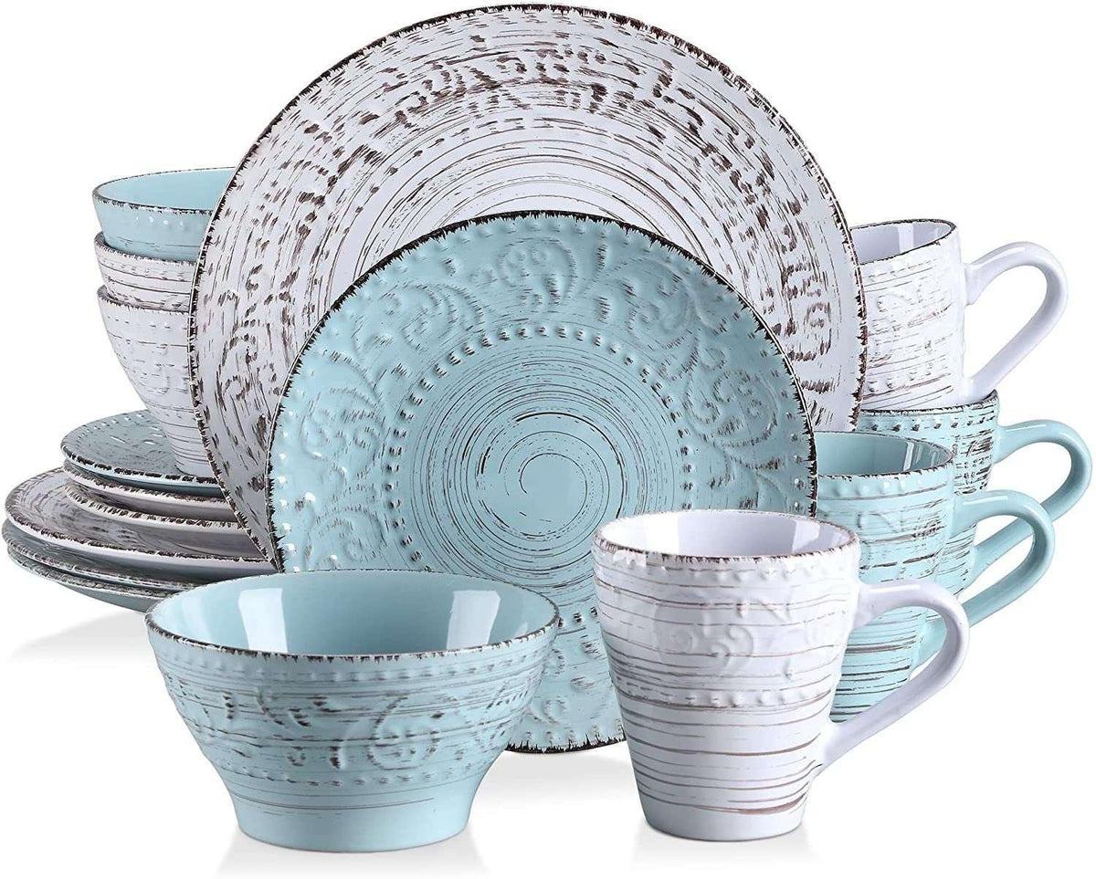 Vancasso, Series Vine, 16-Piece Stoneware Dinnerware Set, Blue and Beige Dinner Set, Service for 4
