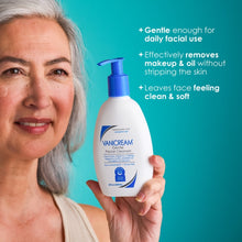 Vanicream gentle facial cleanser bottle with blue pump held by person