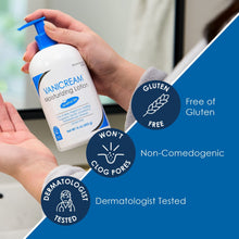 Hand holding Vanicream pump bottle with gluten-free and non-comedogenic badges