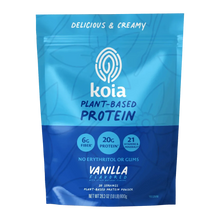 Koia plant-based protein powder pouch, vanilla flavor, blue bag