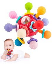 Red sensory teething ball rattle toy with colorful rotating handles and chew grips