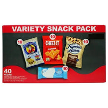 Variety snack pack box displaying Cheez-It, Famous Amos, and other snack bags