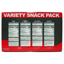 Snack variety pack box back with Nutrition Facts panels and ingredient information