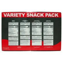 Variety snack pack box back with multiple Nutrition Facts panels and serving info