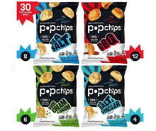 Popchips snack bags assortment in blue, red, and green packs for 30-count variety
