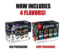 Popchips snack variety pack box showing old vs new packaging for 30 bags