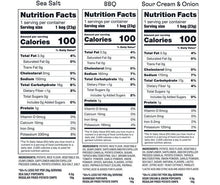 Popchips nutrition facts panels for Sea Salt, BBQ, and Sour Cream & Onion