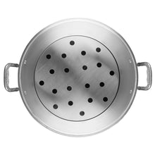Perforated aluminum steamer insert with round base and lifting handles