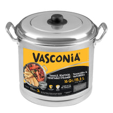 Vasconia aluminum steamer with lid, 16 qt, shown with front label packaging