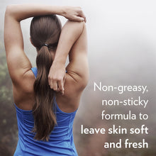 Person with hands behind head wearing blue top; 'non-greasy, non-sticky' text visible