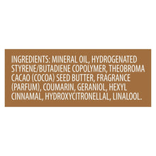 Body gel oil ingredients label strip on Vaseline cocoa radiant bottle