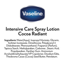 Vaseline Intensive Care spray lotion Cocoa Radiant label and ingredients