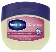 Vaseline Baby Healing Jelly petroleum jelly jar with blue lid, beige container