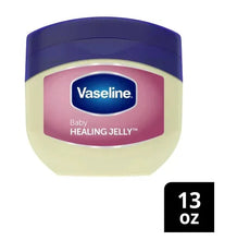 Vaseline Baby Healing Jelly jar, blue lid and beige container, 13 oz