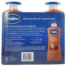 Cocoa Radiant lotion set with two pump bottles, blue caps, cocoa-brown labels