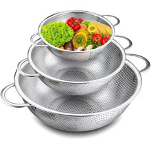 Stainless steel colander set of 3 with micro-perforated bowls and side handles, nested