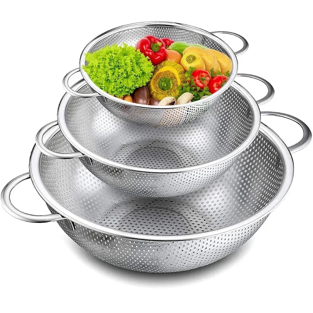VeSteel Colander Set of 3, Stainless Steel Micro-Perforated Colanders Strainers for Draining Rinsing Washing, Ideal for Pasta Vegetables Fruits, Heavy Duty & Dishwasher Safe - USA MEGA SHOP