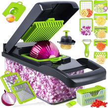 Multi-blade vegetable chopper, black with green grids, with onion and blade attachments