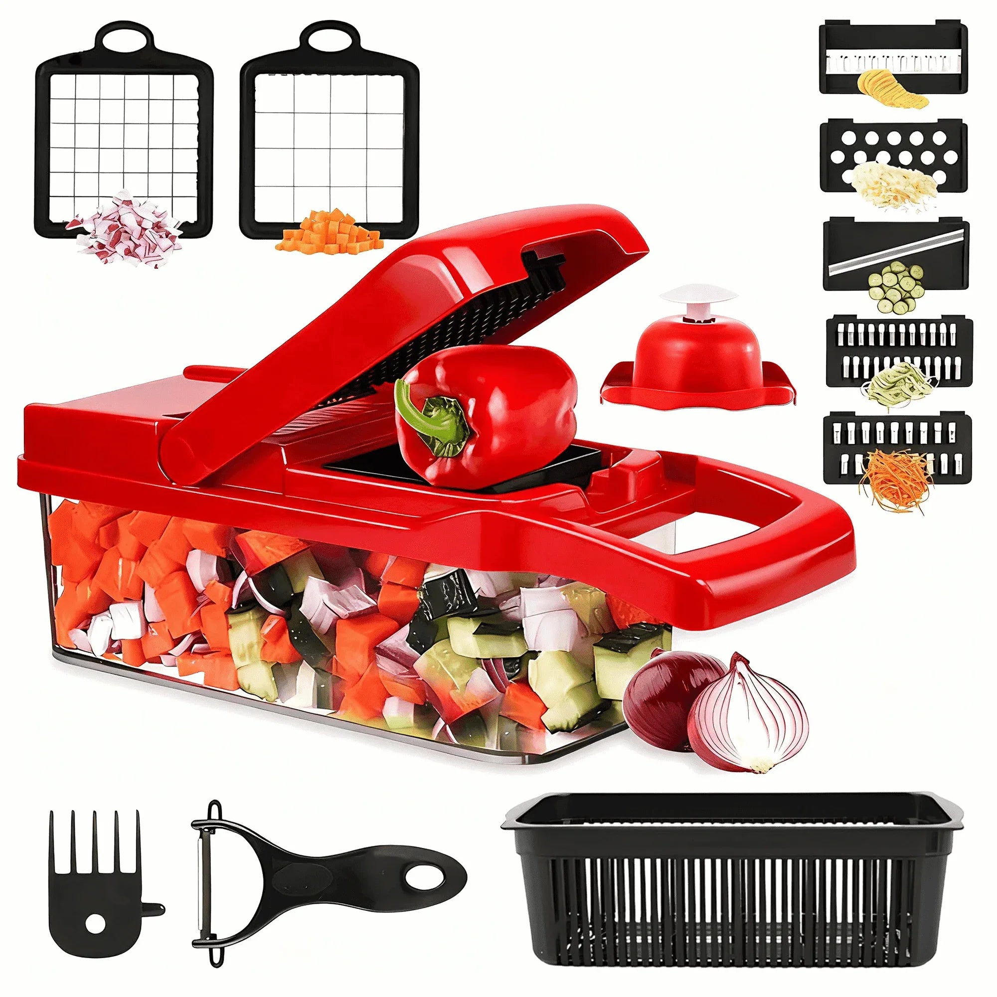 Vegetable Chopper, Pro Onion Chopper, 14 in 1Multifunctional Food Chopper, Kitchen Vegetable Slicer Dicer Cutter,Veggie Chopper With 8 Blades,Carrot Chopper With Container-kitchen essentials(Grey) - USA MEGA SHOP