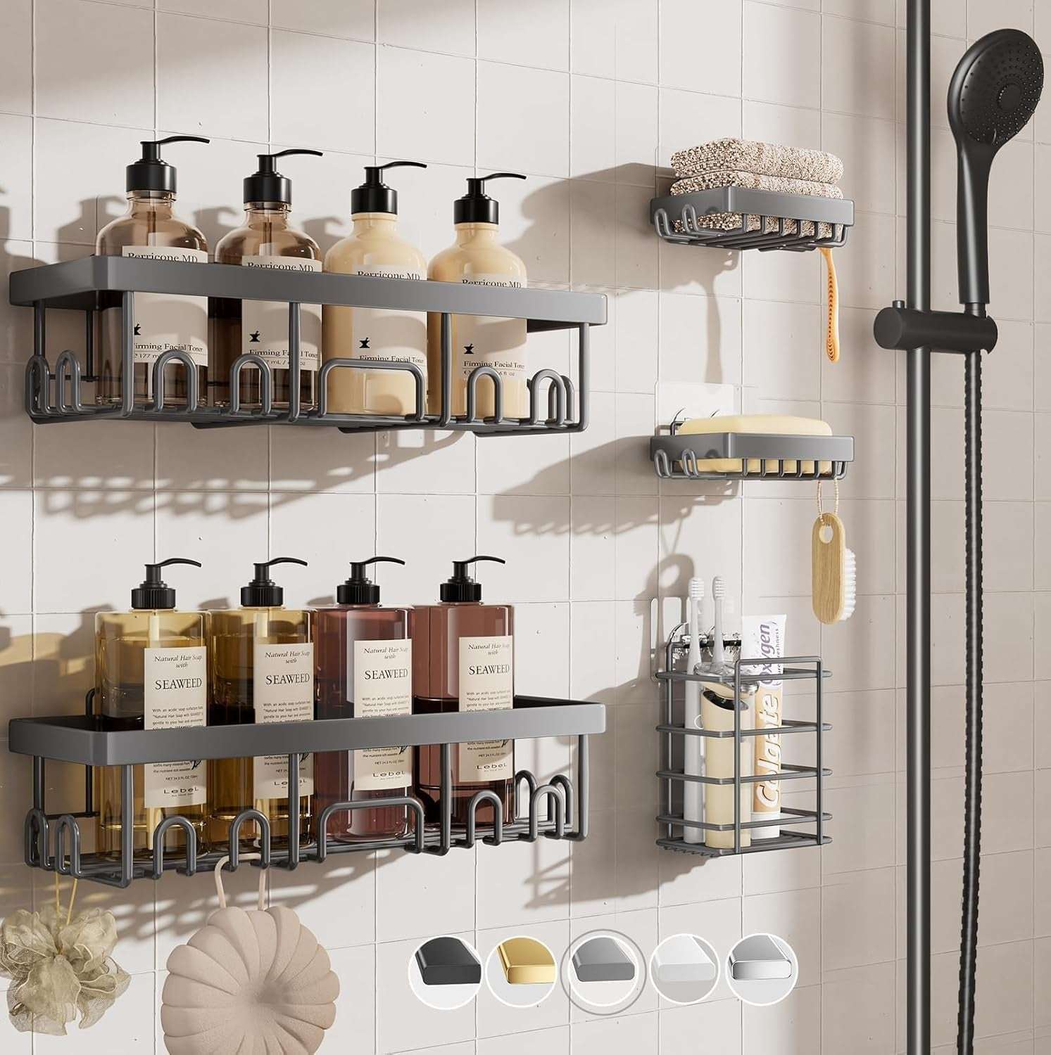 Veken Shower Caddy  – Rustproof Adhesive Bathroom Organizer Set, No-Drill Wall-Mounted Shelves with Soap Holder & Large Capacity Storage