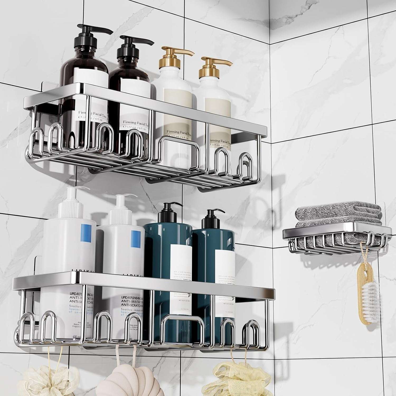 Veken Shower Caddy  – Rustproof Adhesive Bathroom Organizer Set, No-Drill Wall-Mounted Shelves with Soap Holder & Large Capacity Storage