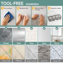 Tool-free shower caddy installation guide for wall mounting with adhesive