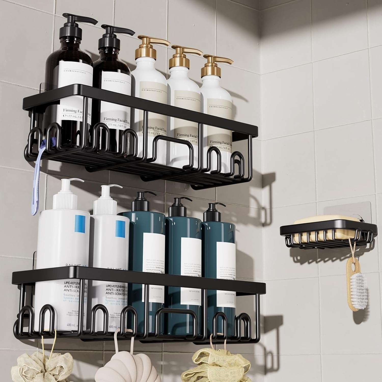 Veken Shower Caddy  – Rustproof Adhesive Bathroom Organizer Set, No-Drill Wall-Mounted Shelves with Soap Holder & Large Capacity Storage