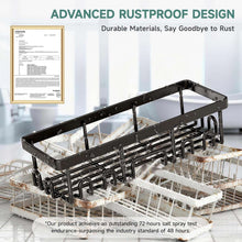 Rustproof shower caddy with black metal frame and wall-mounted wire shelves