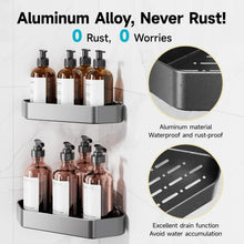 Two-tier aluminum corner shelf caddy with perforated trays, charcoal gray, water draining