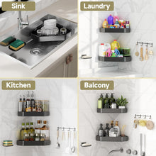Corner shower caddies in kitchen, laundry, balcony, and sink areas with hanging hooks