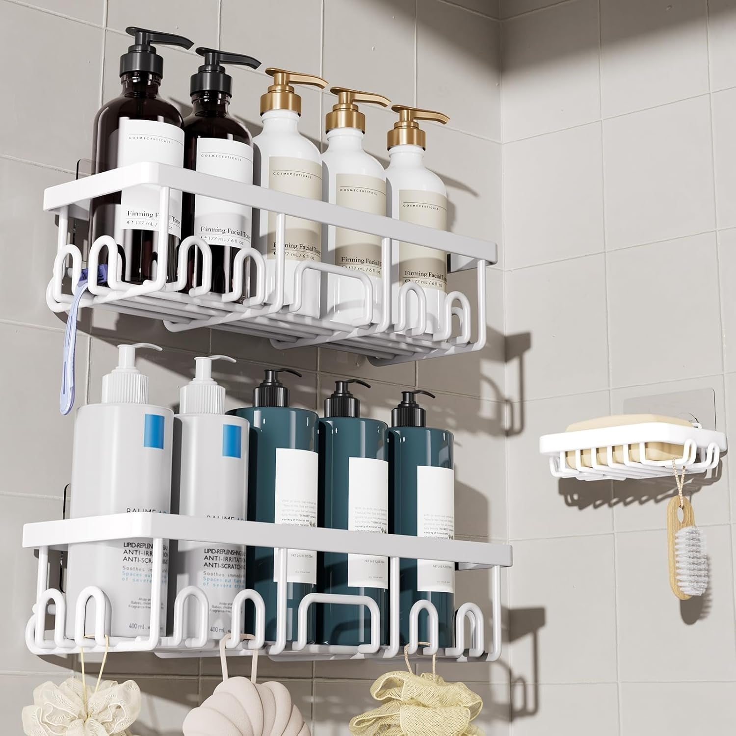 Veken Shower Caddy  – Rustproof Adhesive Bathroom Organizer Set, No-Drill Wall-Mounted Shelves with Soap Holder & Large Capacity Storage